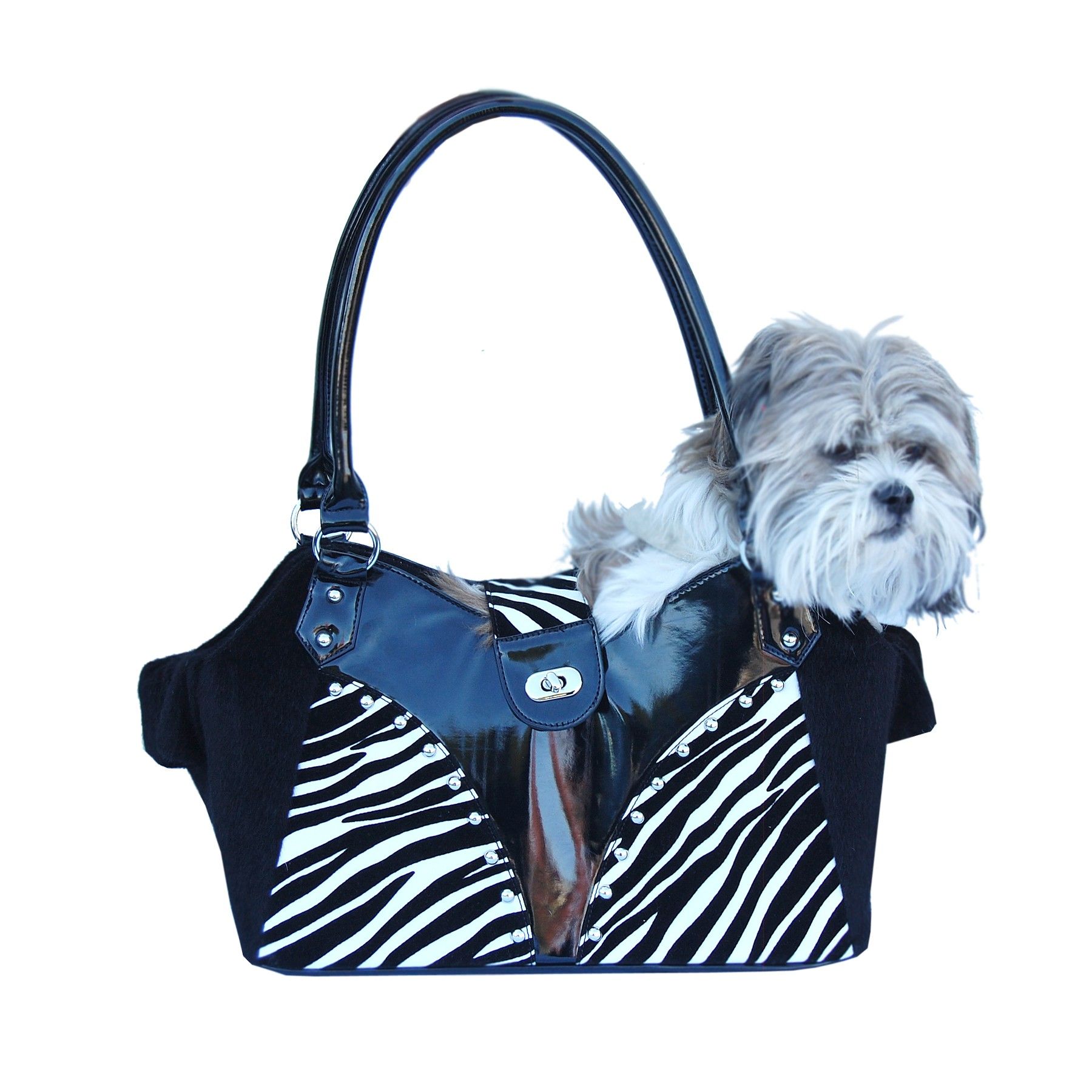 Designer Zebra Print Black Fur Dual Dog Carrier Bag